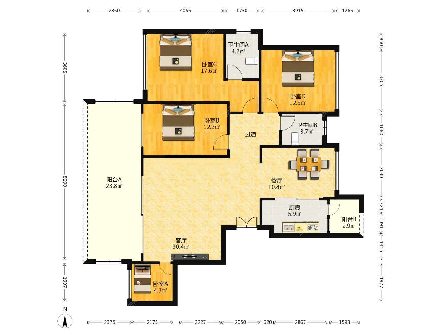 御景国际花园 4房2厅2卫 精装 145.96平