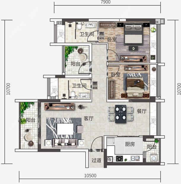 96平方2+1房两厅两卫