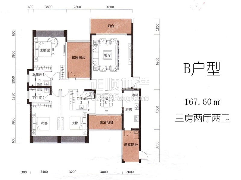 B户型4栋02-30层02房：建筑面积168.13m2