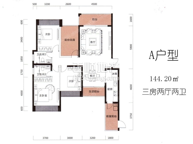 A户型2栋02-30层01房：建筑面积144.5m2（南北通透，三