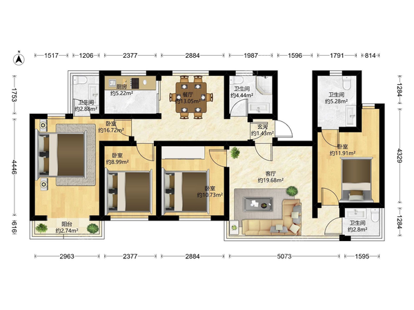 户型图进门左边是1号房，正对的2号房