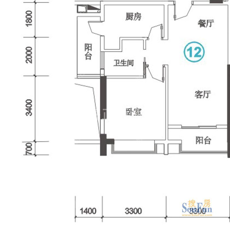 1栋12户型63.9平方1房2厅