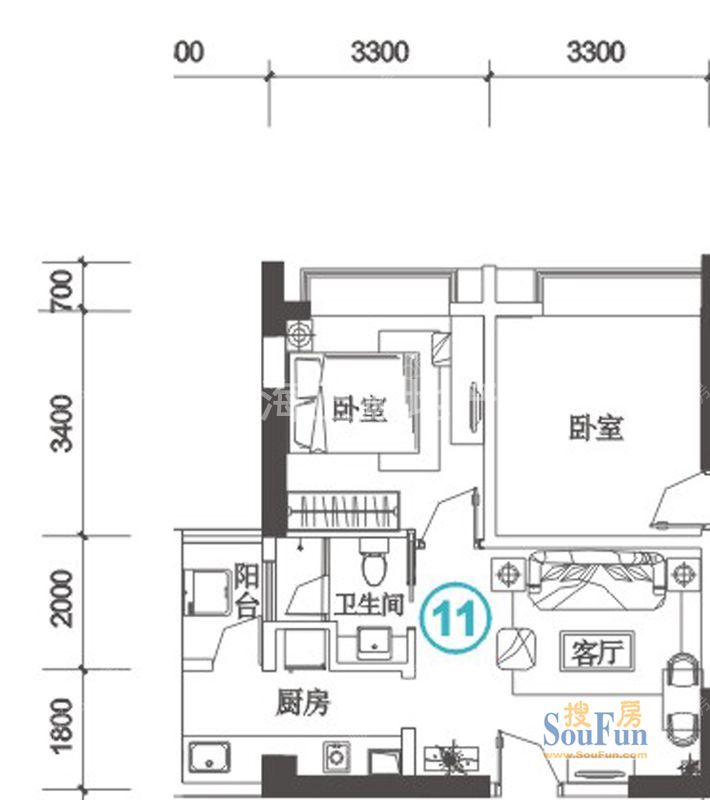 1栋11户型52.12平方1房